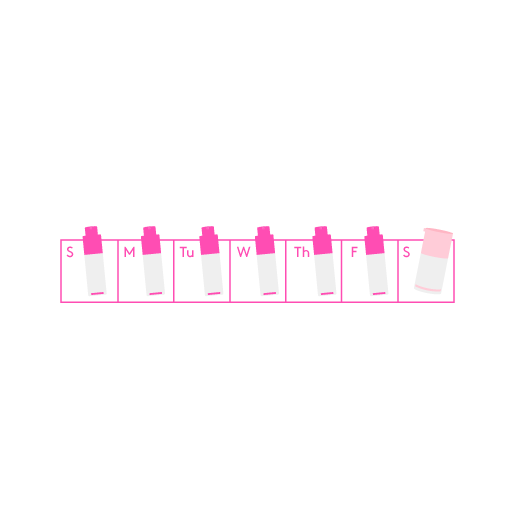 Illustration of a calendar week with TLC Framboos Glycolic Night Serum noted on the squares from Sunday to Friday and TLC Sukari Babyfacial on the Saturday square